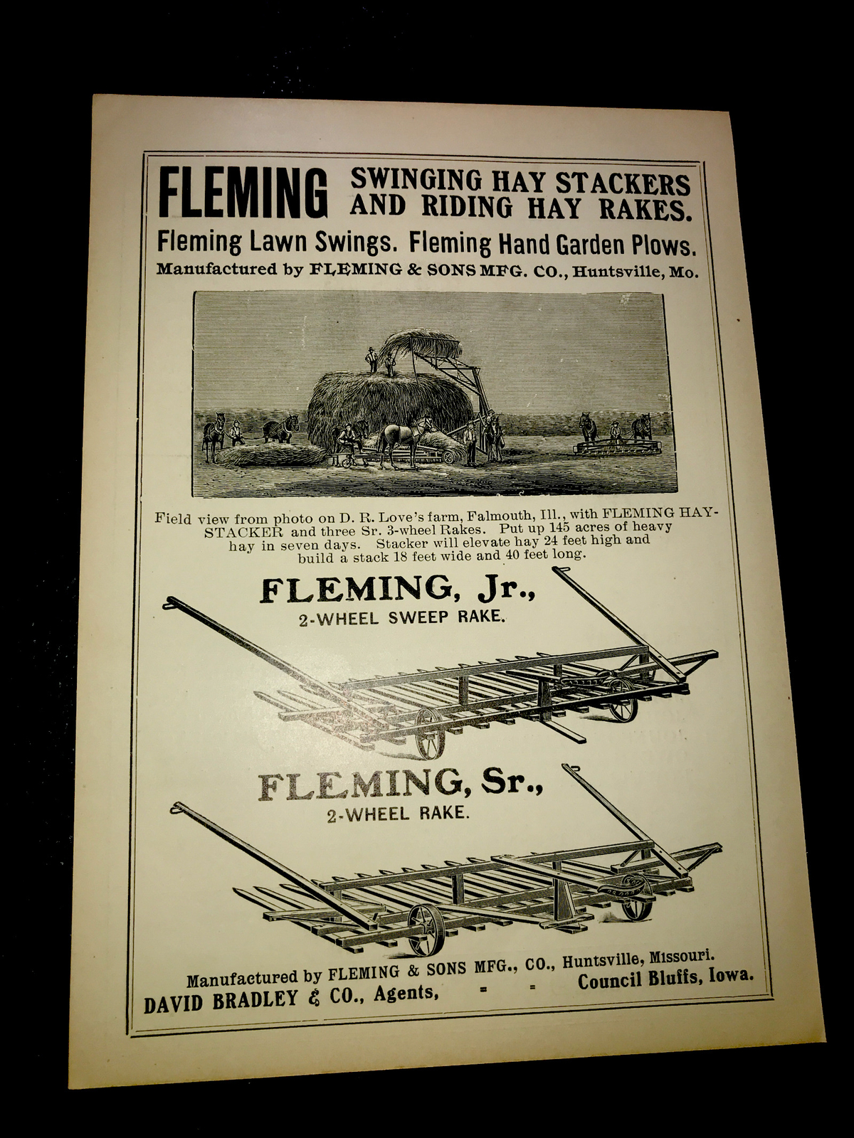 1905 Fleming Hay Stacker Farm Engraving Advertising – Huntsville – Missouri