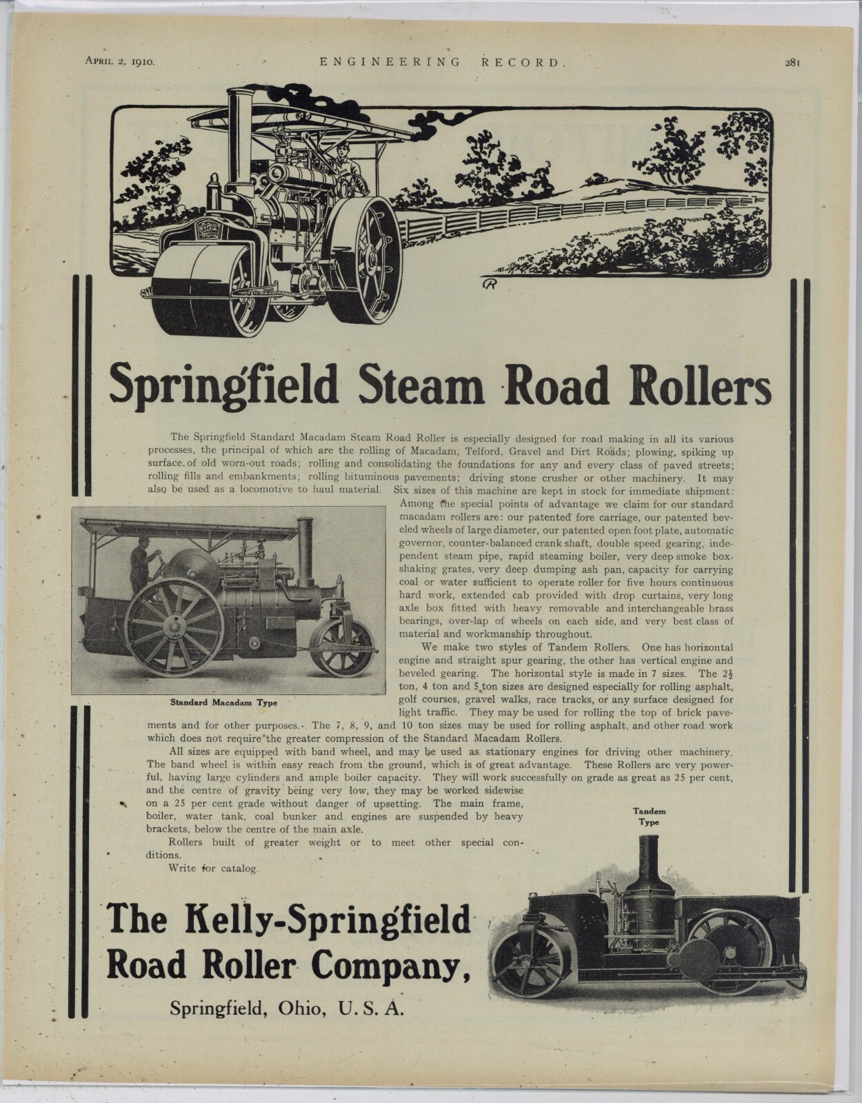 1910 Kelly Springfield Road Roller Co. Ad: Steam Macadam Type Pic – Spring. OhiO