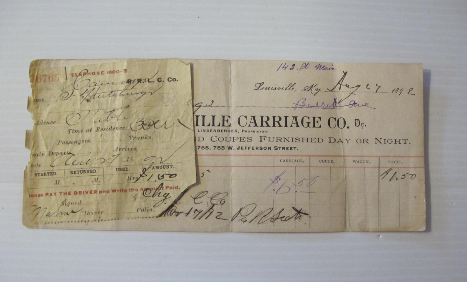 ORIGINAL 1892 RECEIPT FOR USE OF A CARRIAGE. LOUISVILLE CARRIAGE COMPANY