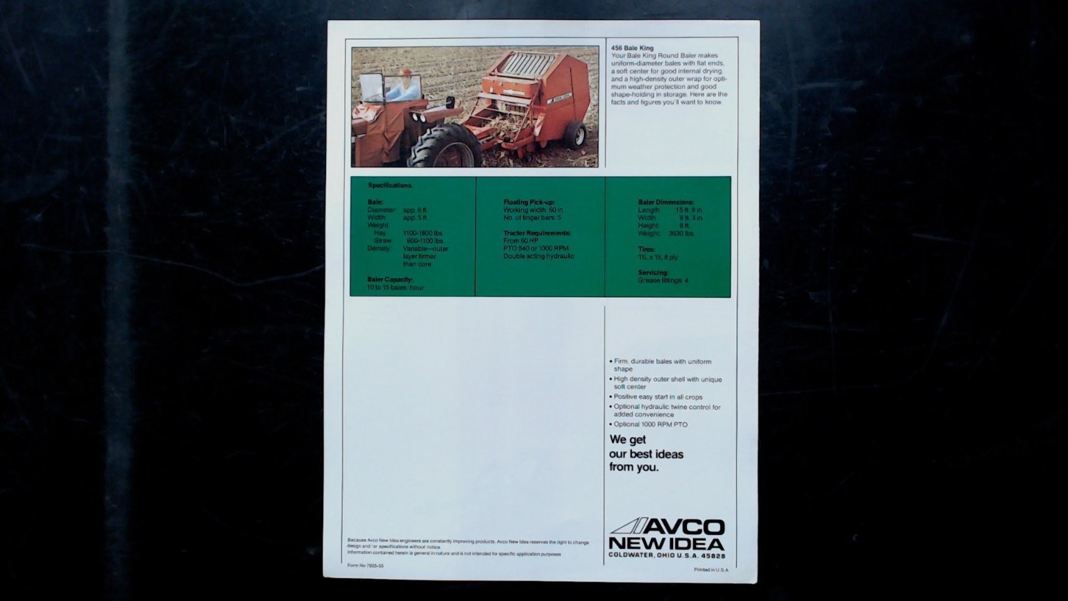 AVCO New Idea Round Baler 456 Bale King Vintage Agriculture Brochure