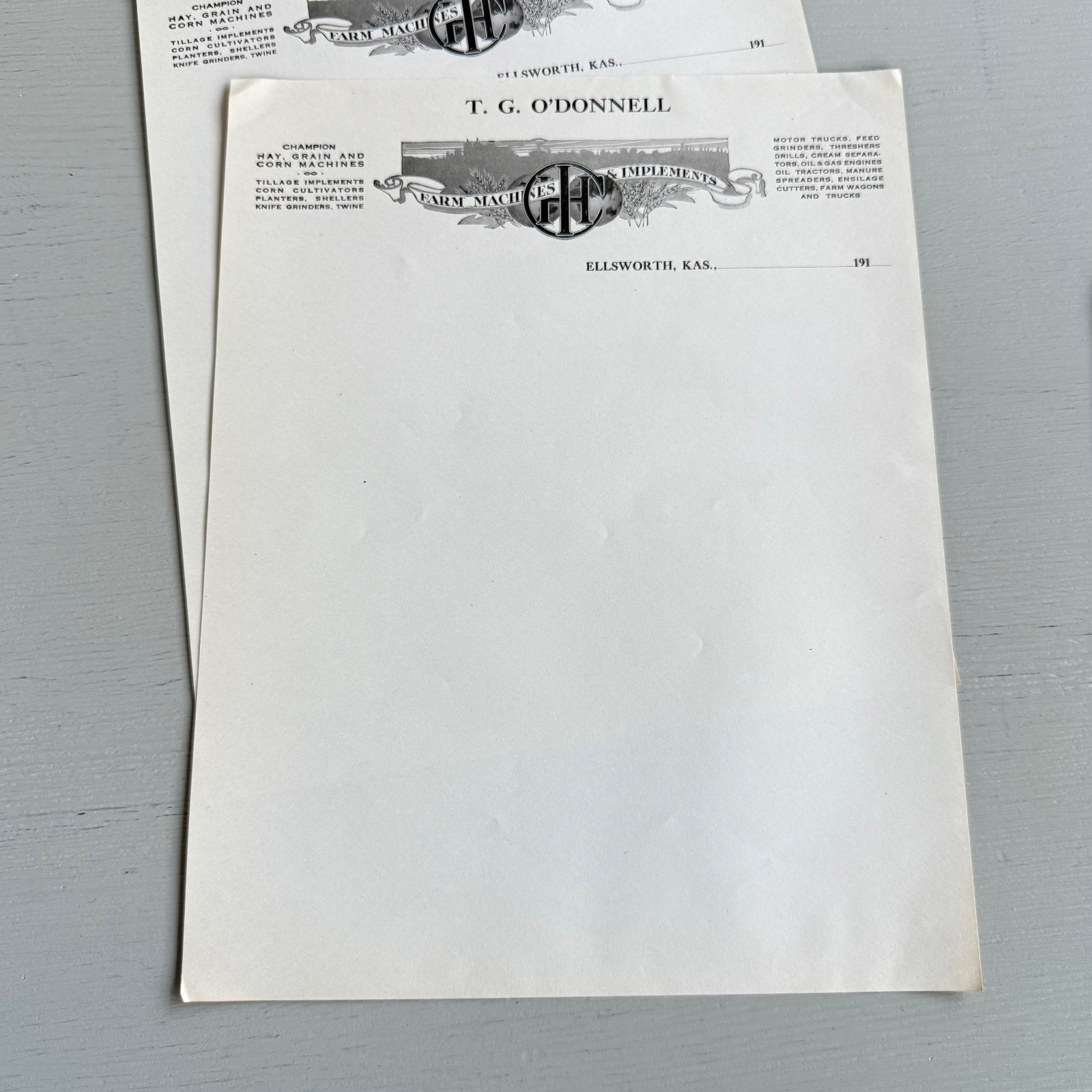 3 Vintage T.G. O&rsquo;Donnell Letterhead Advertising Ellsworth KS Farm Implements