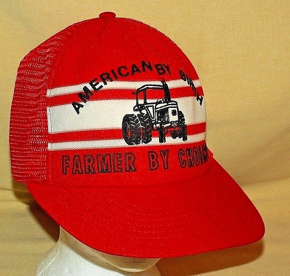 FARMER HAT AMERICAN BY BIRTH BY CHOICE TRACTOR FARM BASEBALL BALL CAP VINTAGE.