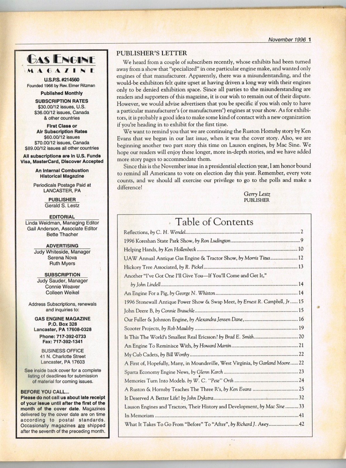 GAS ENGINE magazine November 1996, Case model SC, Fuller & Johnson, Scooters