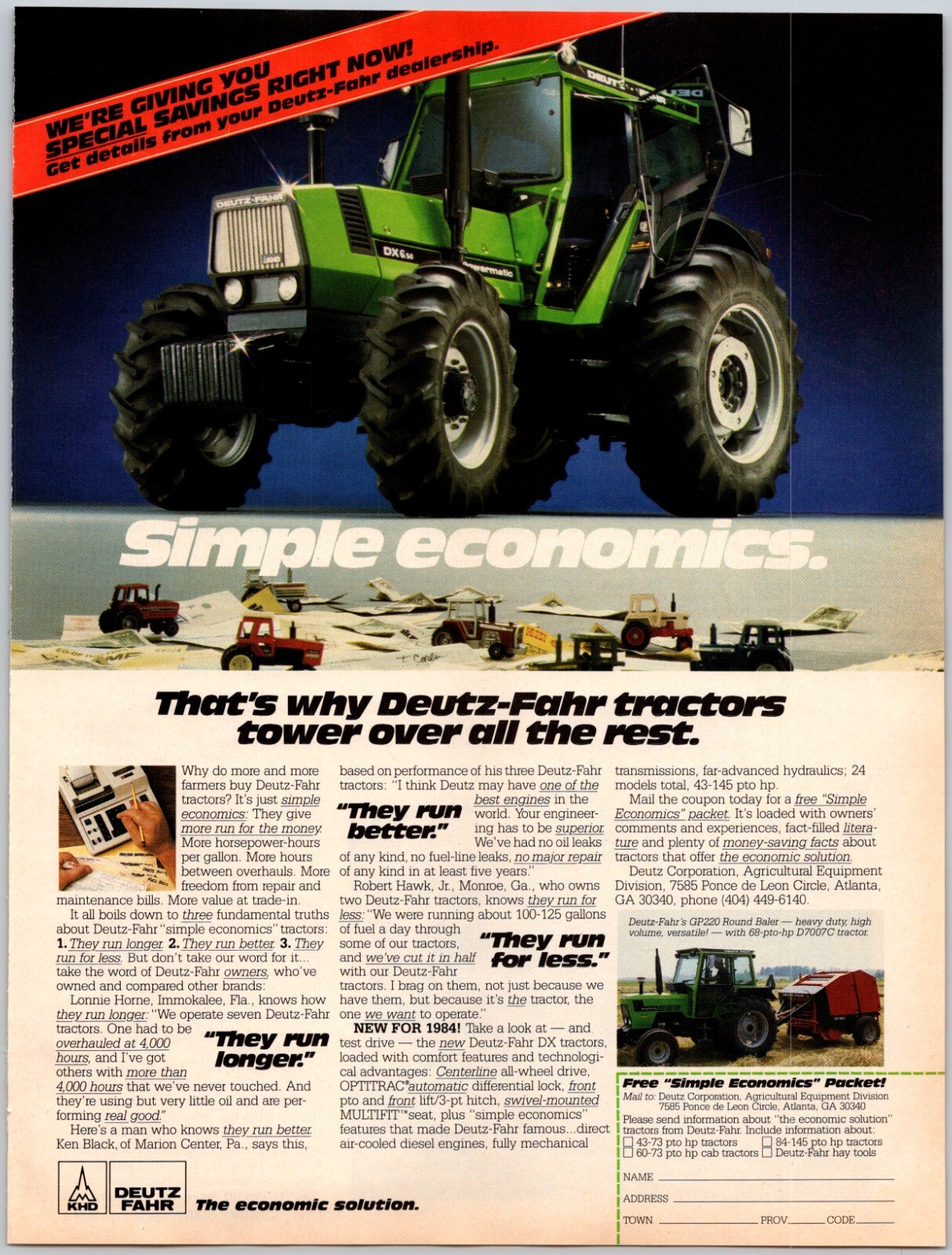 PRINT AD Deutz Fahr DX 6.50 Powermatic Tractor 1984 Simple Economics