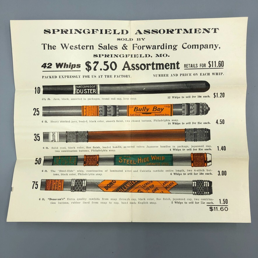 c 1900 HORSE WHIP Bully Boy FARM Advertising SPRINGFIELD MO Western Sales Flyer