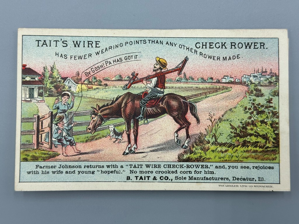 1880s TAITs WIRE Check Rower FARM Advertising Folding Trade Card DECATUR Ill