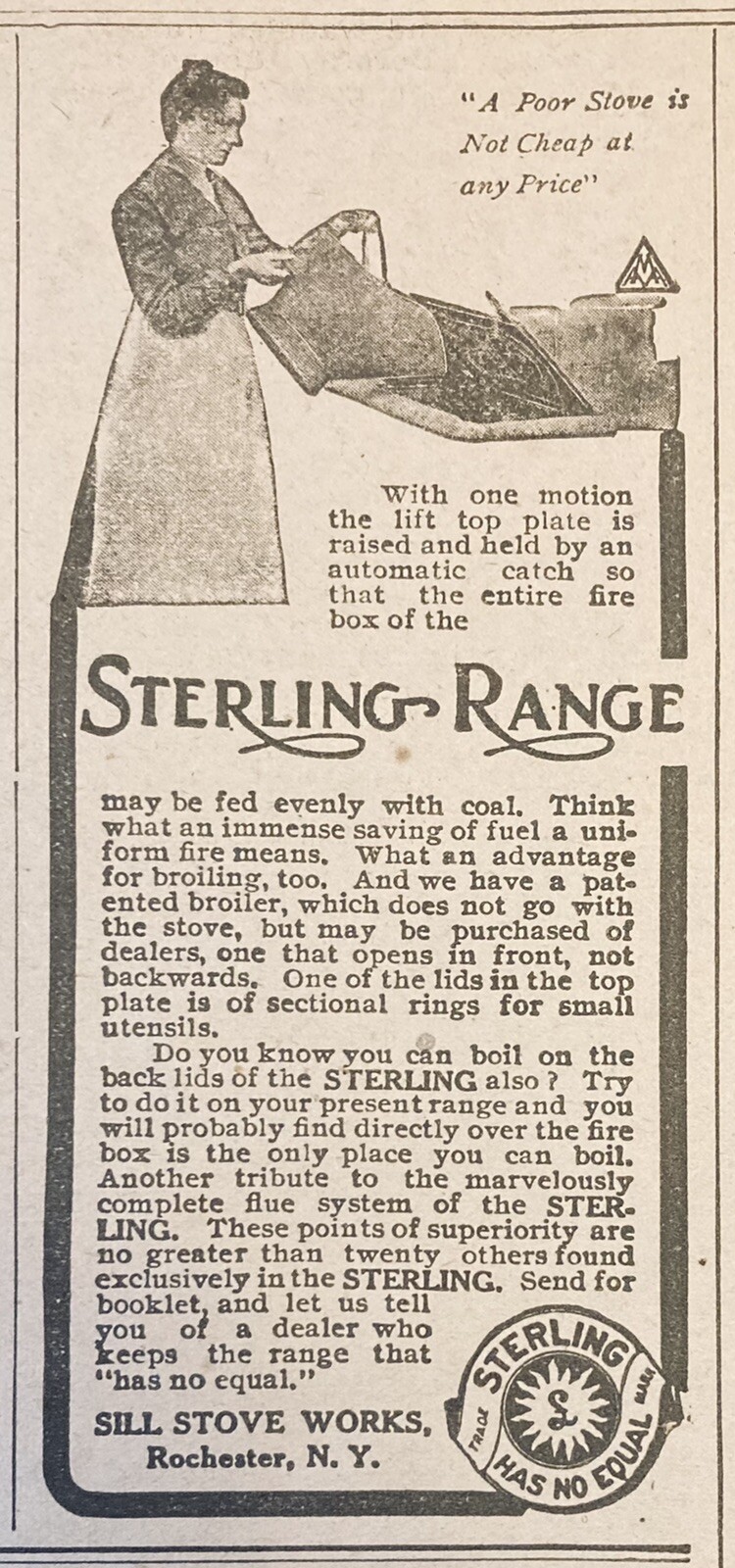 1906 AD(XH34)~SILL STOVE WORKS, ROCHESTER, NY. STERLING COAL COOK RANGE