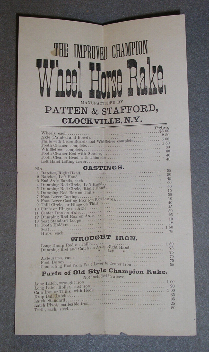 Antique Farm Tool Ad Wheel Horse Rake Tractor Parts Price List Patten & Stafford