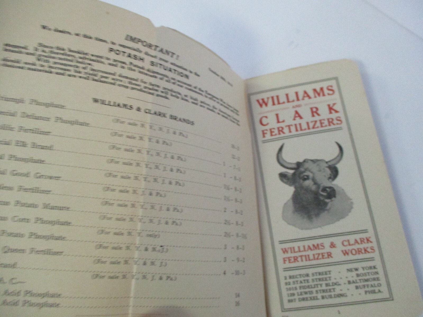 WILLIAMS & CLARK FERTILIZERS Advertising Memo Booklet, 1914