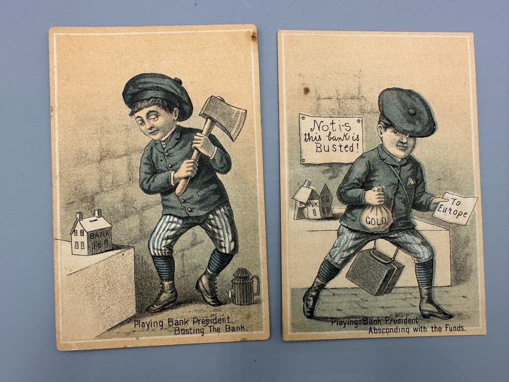 1880s BISSELL PLOW WORK Advertise FARM Trade Cards SOUTH BEND Indiana BANK BUST