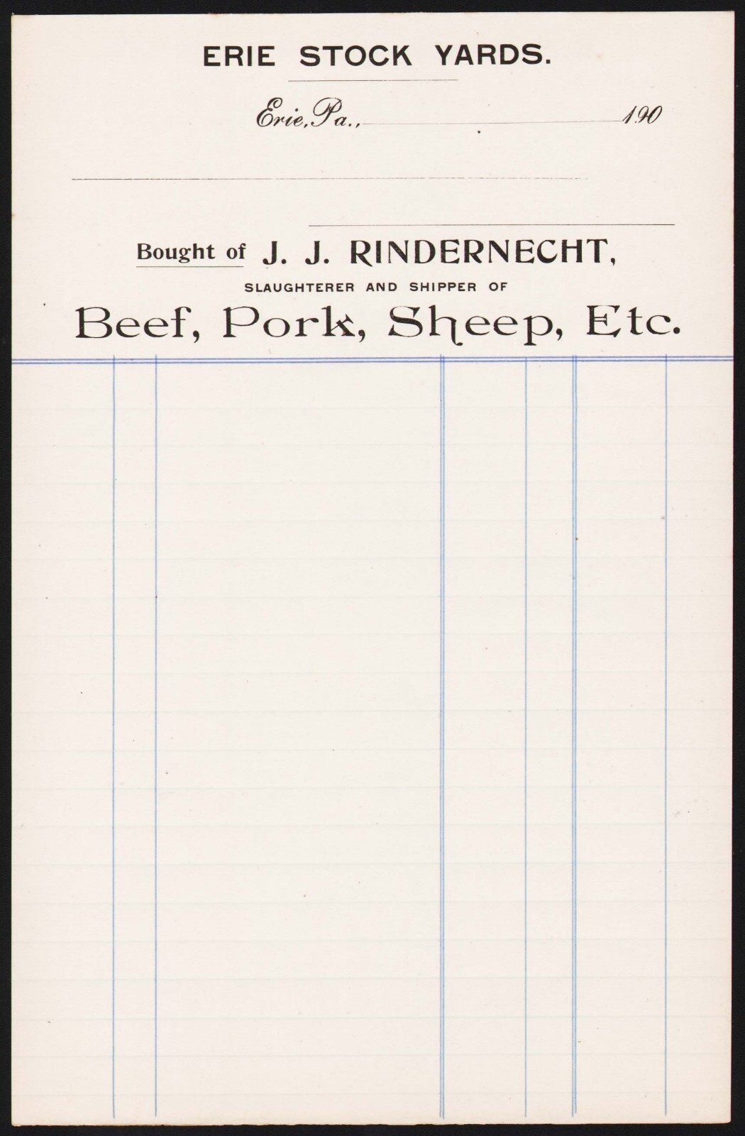 Vintage receipt J J RINDERNECHT Beef Sheep 1900s Erie Stock Yards Pennsylvania