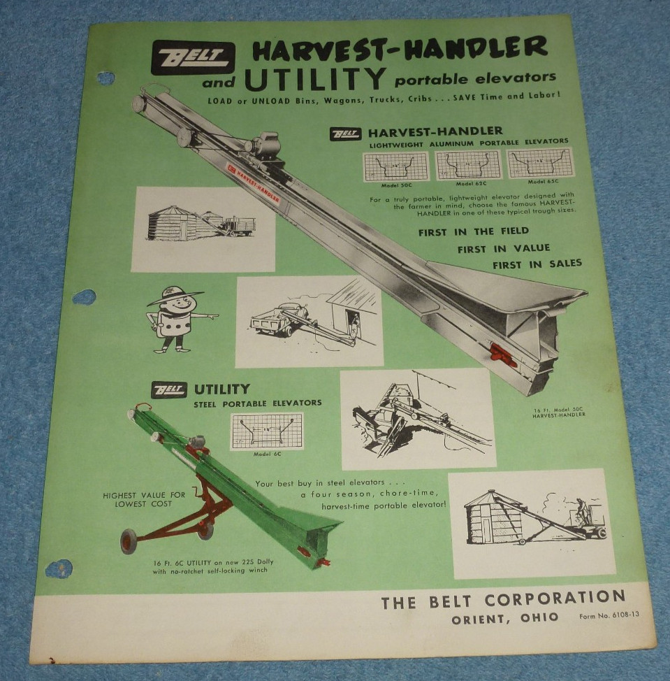 Lot of 3 Vintage Belt Corp Harvest-Handler Utility Portable Elevators Brochures