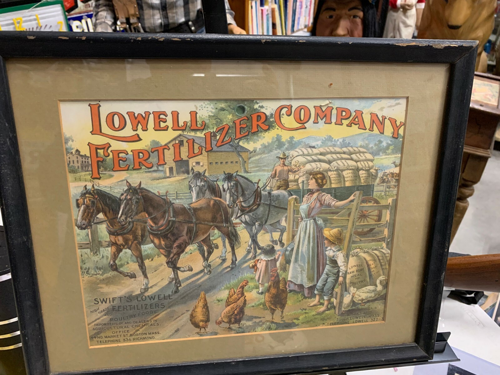 Rare Vintage Lowell Fertilizer Co. Litho Framed Sign FARM GAS OIL SODA COLA 17&Prime;