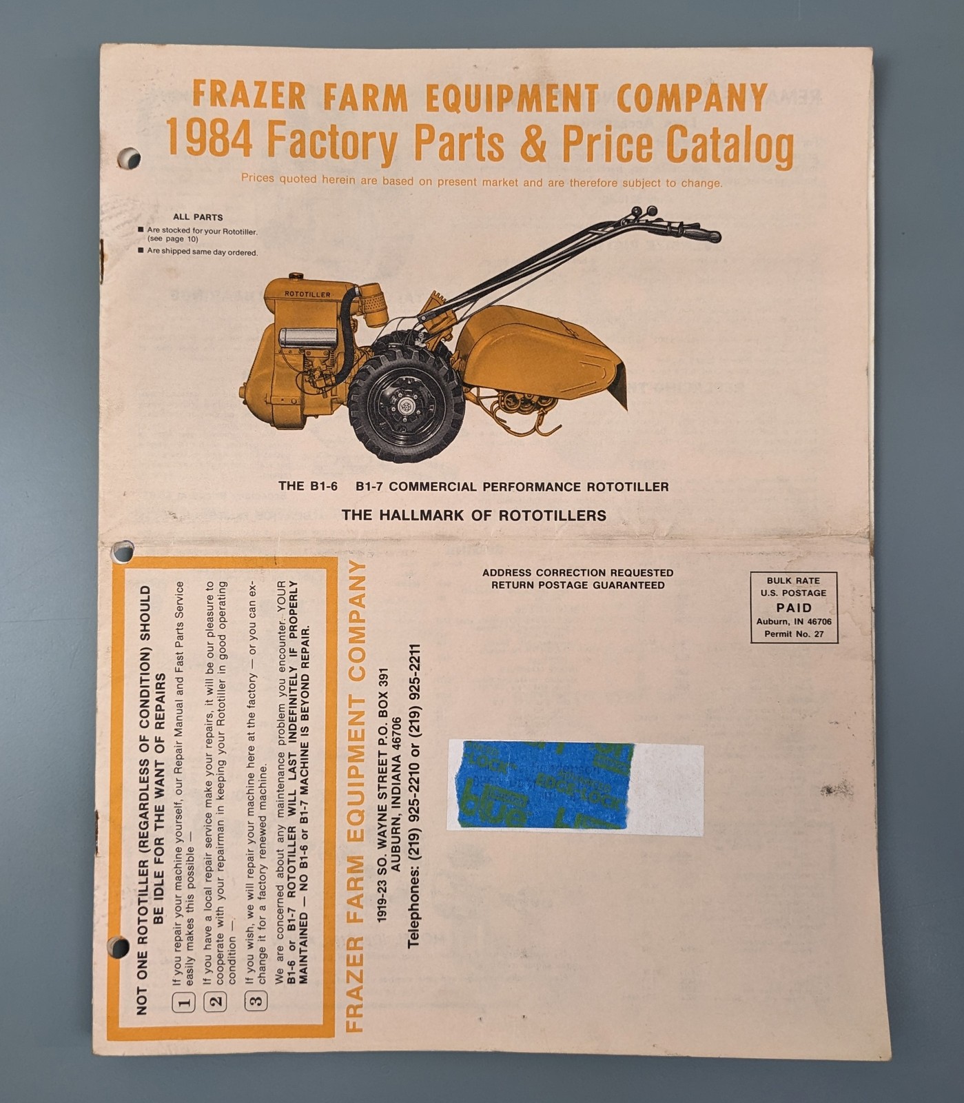 VTG Frazer Farm Equipment 1984 Rototiller Factory Parts + Price Catalog