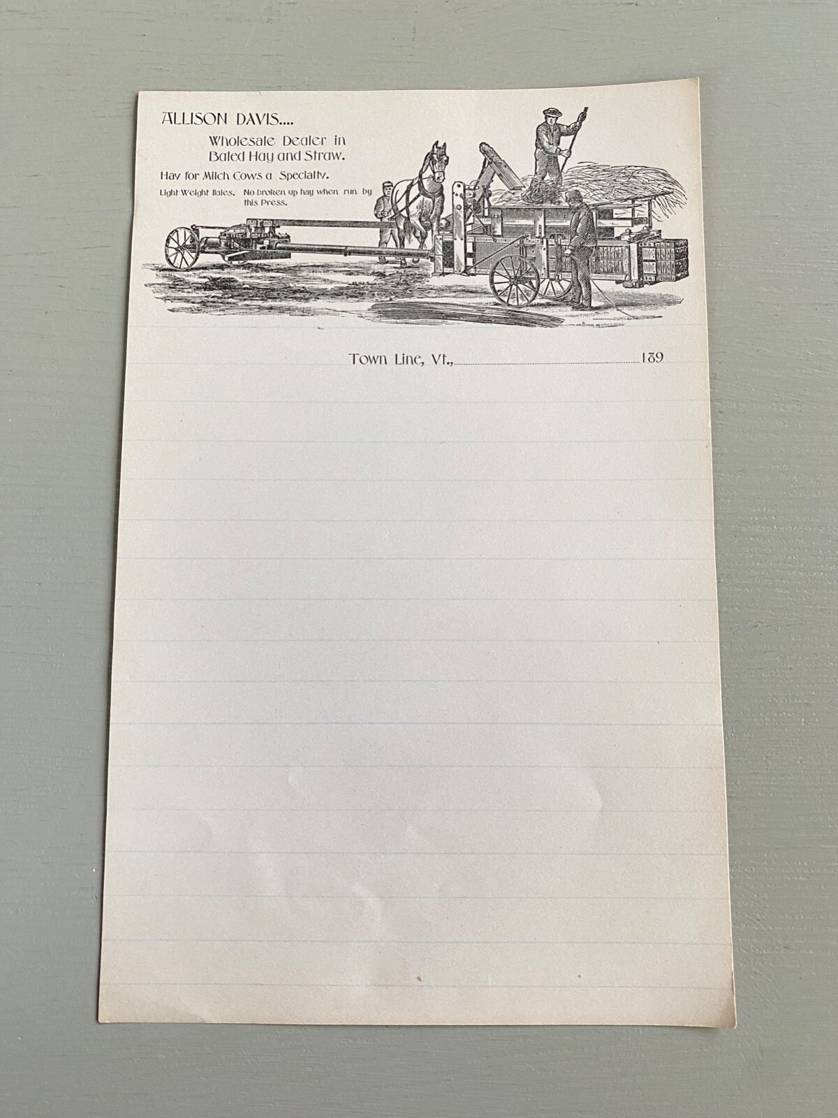 Vintage Letterhead Wholesale Dealer in Hay Straw Town Line VT Farm Ag 1890s