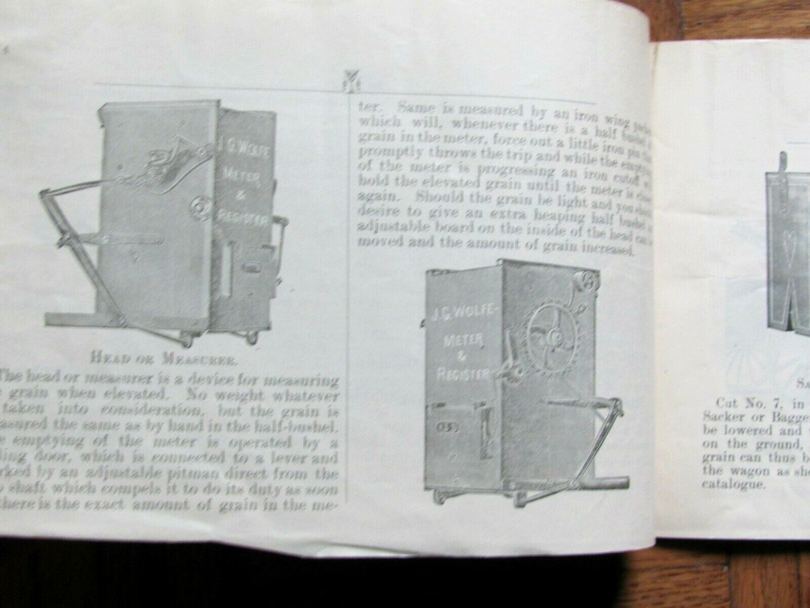 1893 FARM CATALOG J G WOLFE AUDUBON IOWA TRESHER ATTACHMENT ELEVATOR GRAIN METER