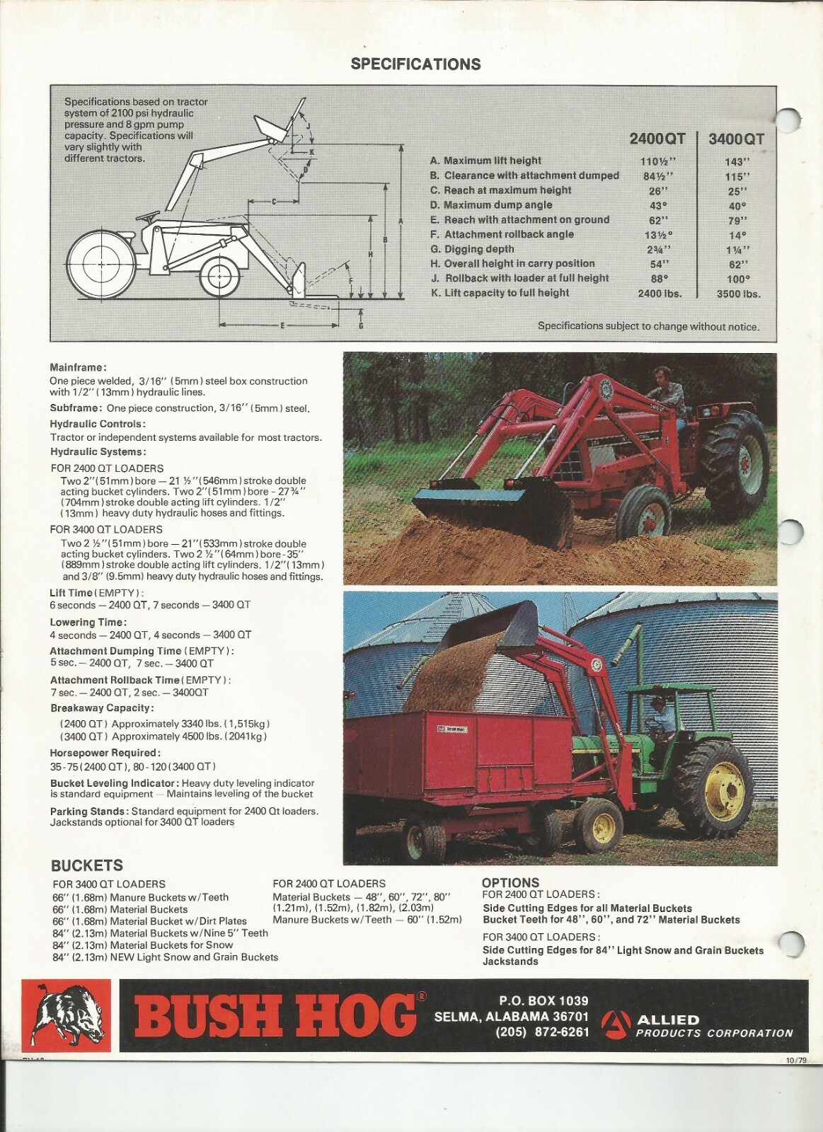 One(1) Bush-Hog QT Series Front End Loader Dealer Sales Specs Accessory Brochure
