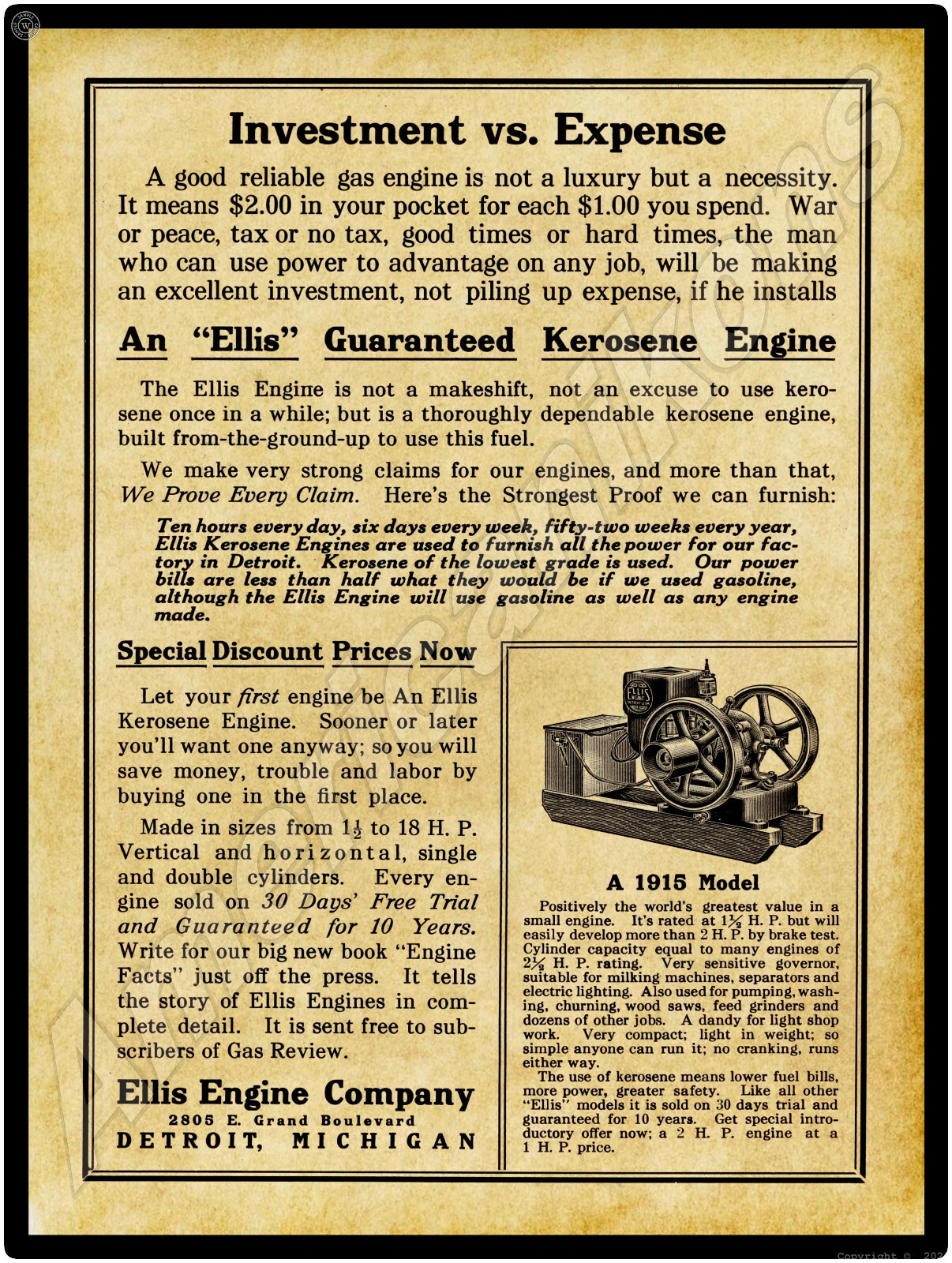 1915 Ellis Gas Engine New Metal Sign: Detroit, Michigan – LARGE SIZE 12 x 16