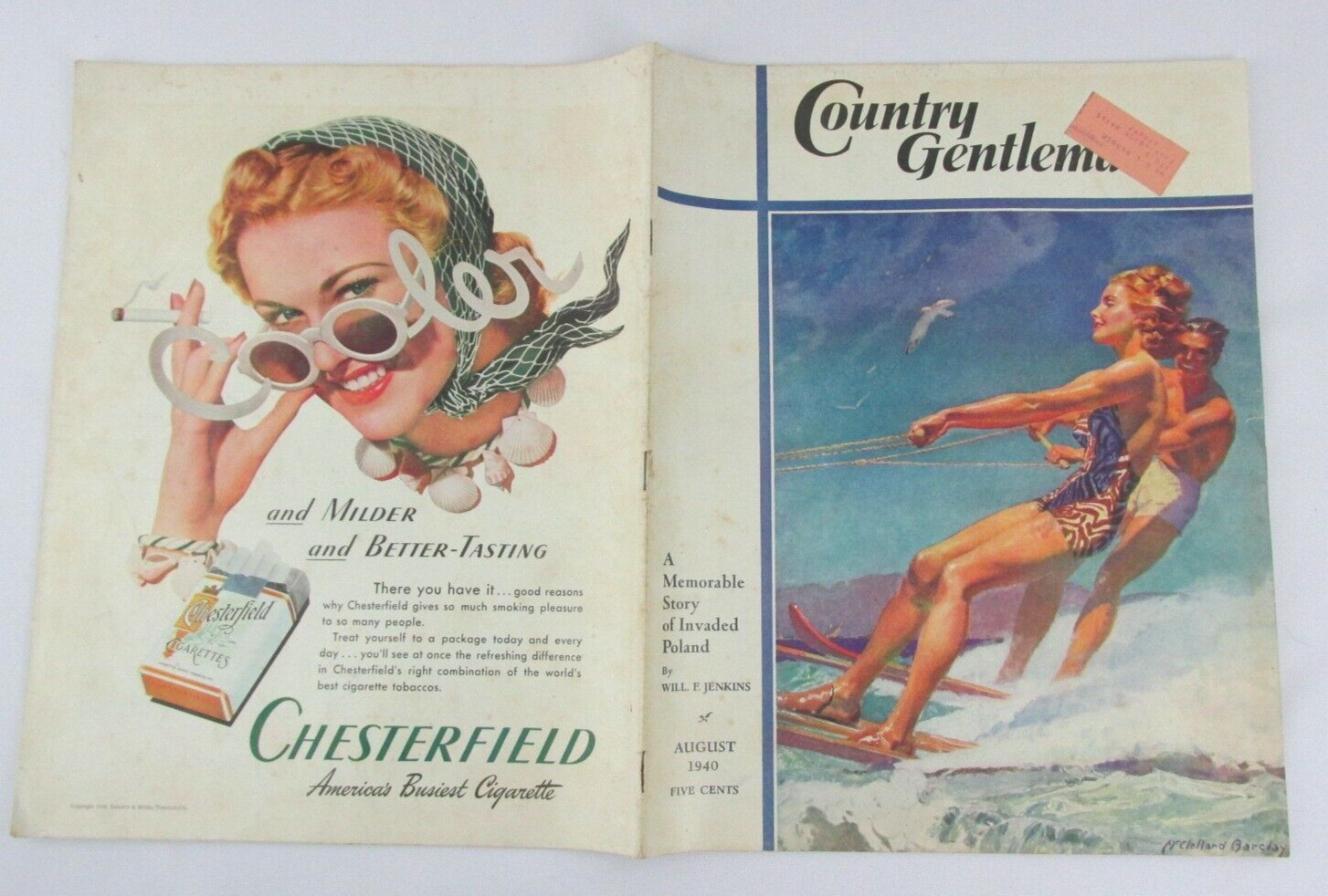 Vintage « Country Gentleman » August 1940, McClelland Barclay Cover Skiers, Poland