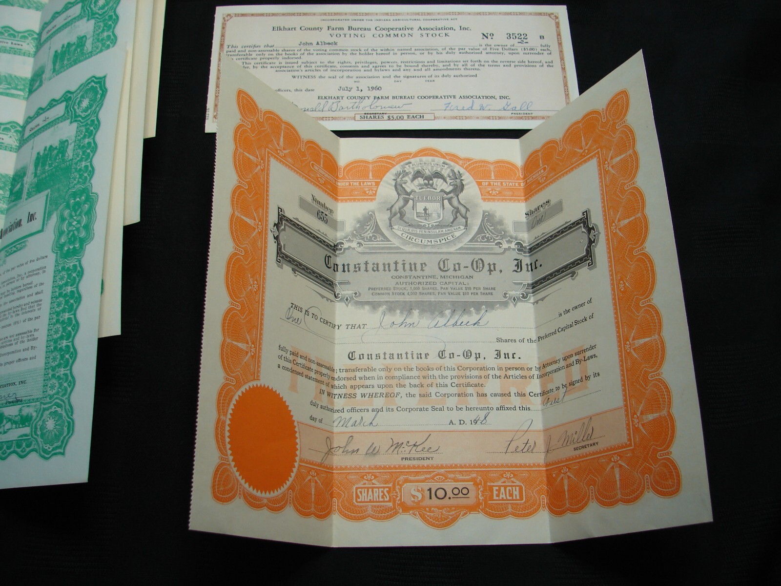 Vintage collection of 10 Farm Bureau Co-Op Stocks 1948-1960