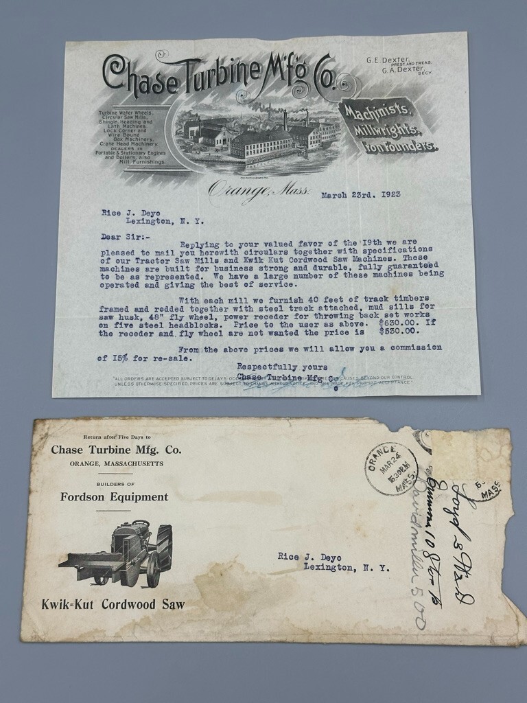 1923 CHASE Turbine FORDSON Tractor FARM Postal Cover ORANGE Massachusetts Adv