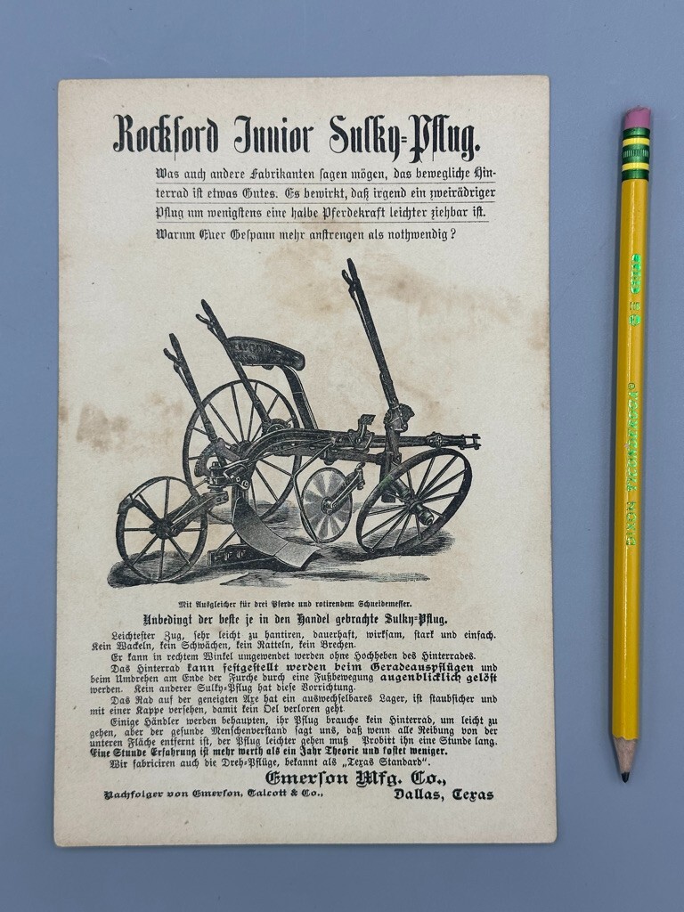 1880s Rockford Sulky Plow EMERSON TALCOTT Farm Advertise DALLAS Texas TRADE CARD