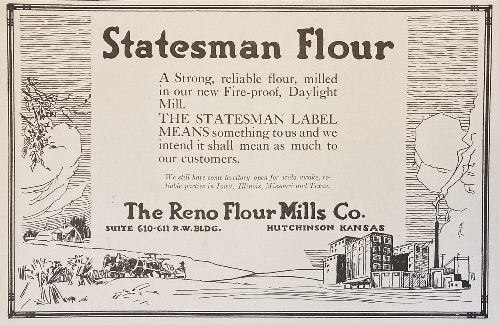 1919 AD.(XH26)~RENO FLOUR MILLS CO. HUTCHINSON, KS. STATESMAN FLOUR