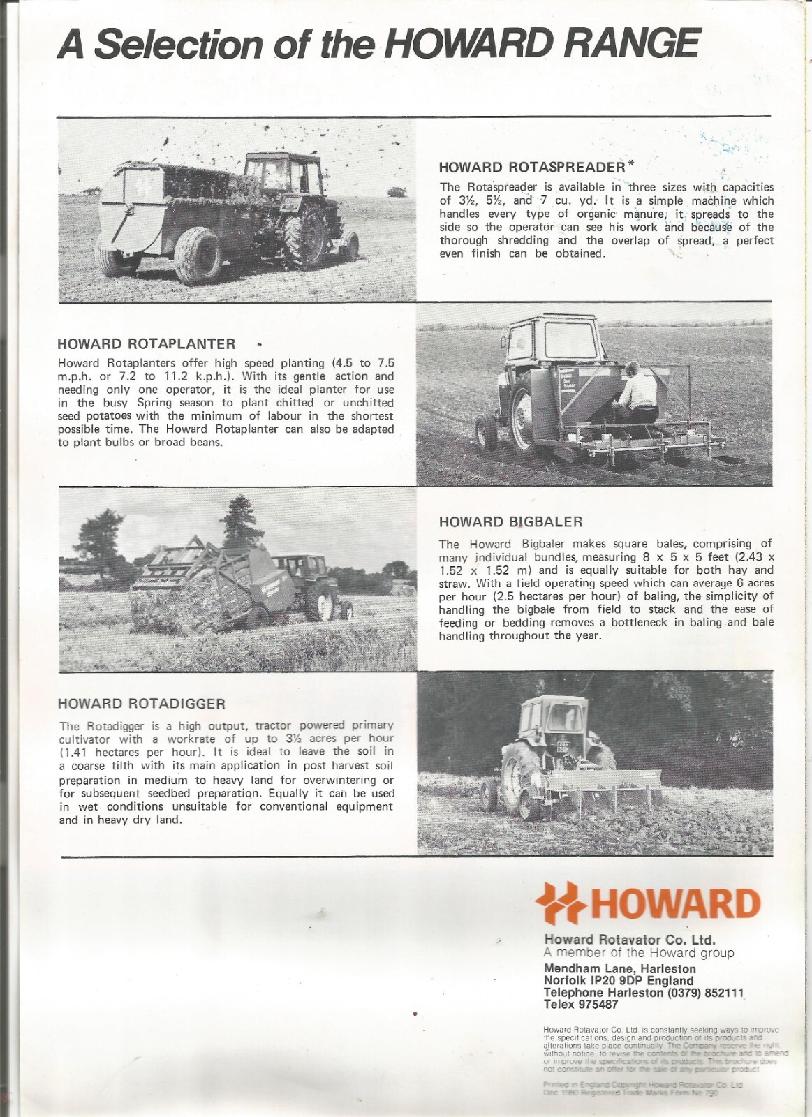 Original OEM Howard HB Series HB80 HB100 HB120 Rotavator Sales Brochure Form 790