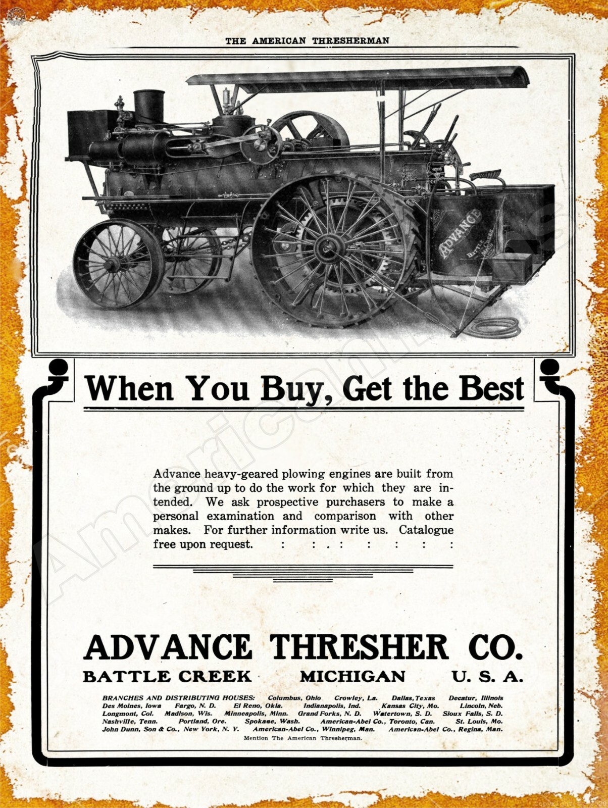 1907 Advance Thresher Co. Traction Engine New Metal Sign: Battle Creek, Michigan