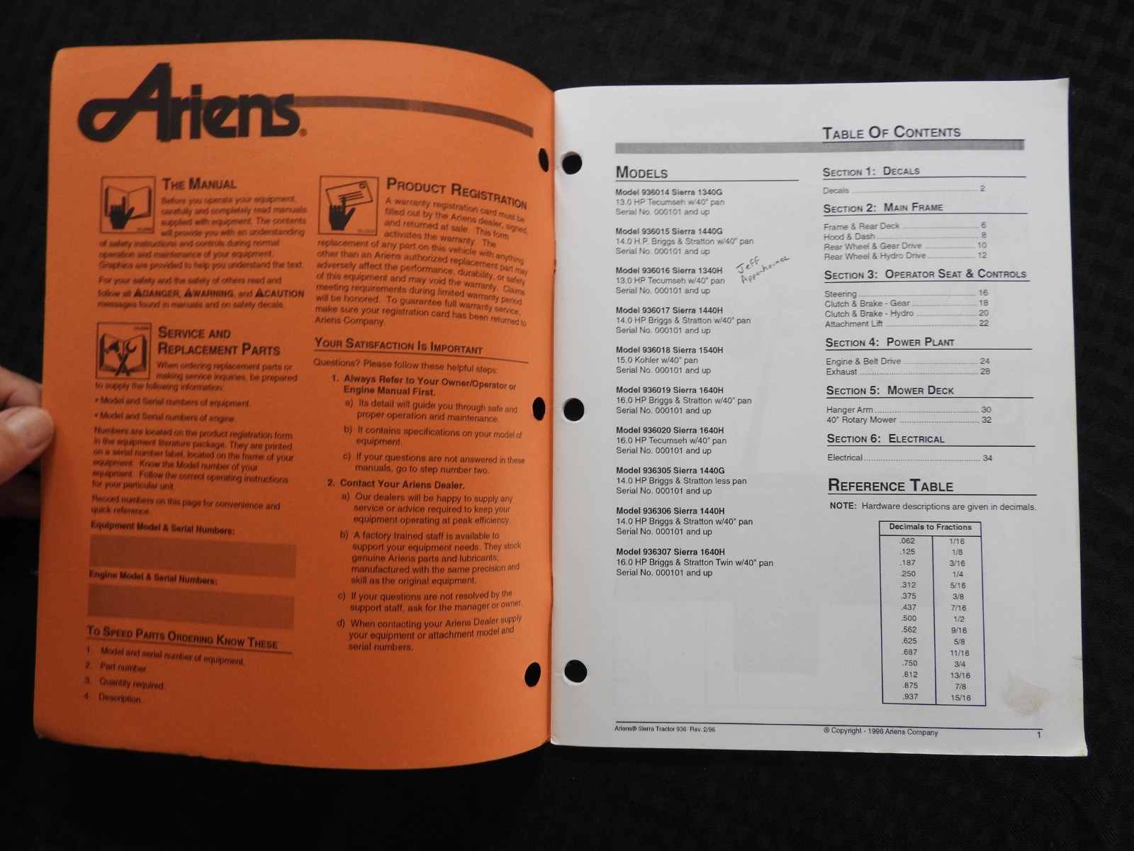 GENUINE ARIENS SIERRA 936 SERIES LAWN TRACTOR PARTS CATALOG MANUAL MINTY 1996