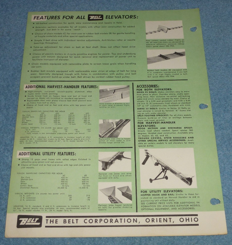 Lot of 3 Vintage Belt Corp Harvest-Handler Utility Portable Elevators Brochures