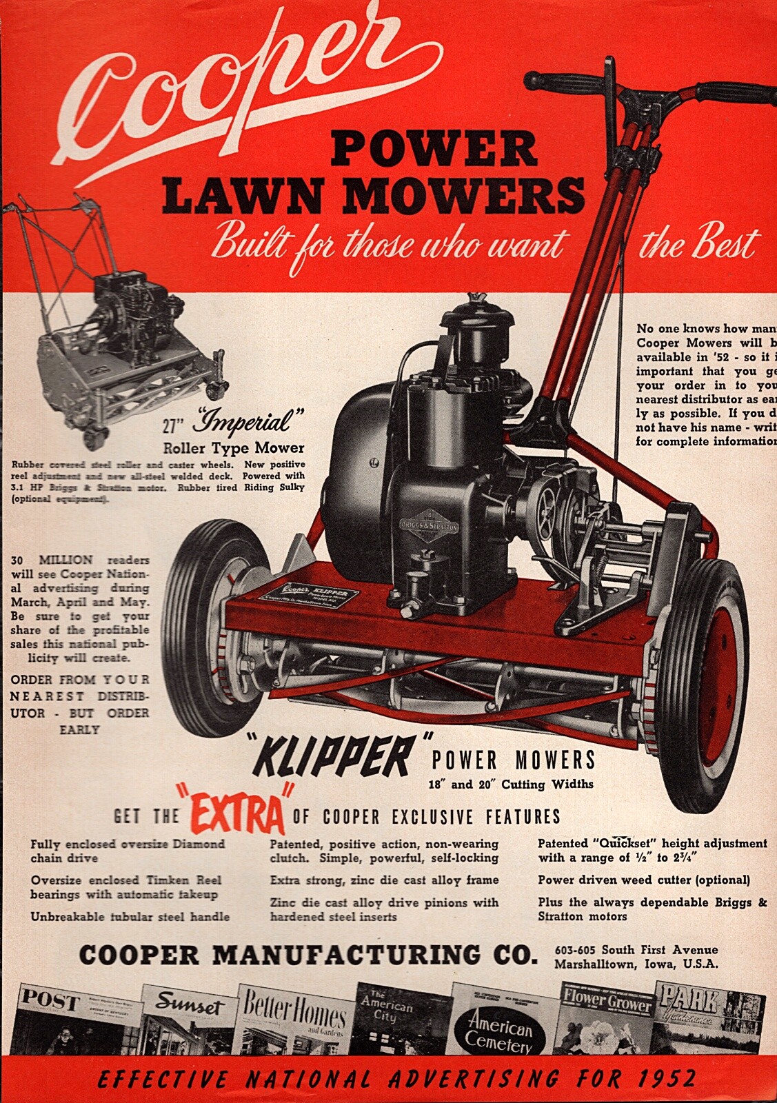 1952 Cooper Klipper Power Mower Lawnmower Original Print Ad