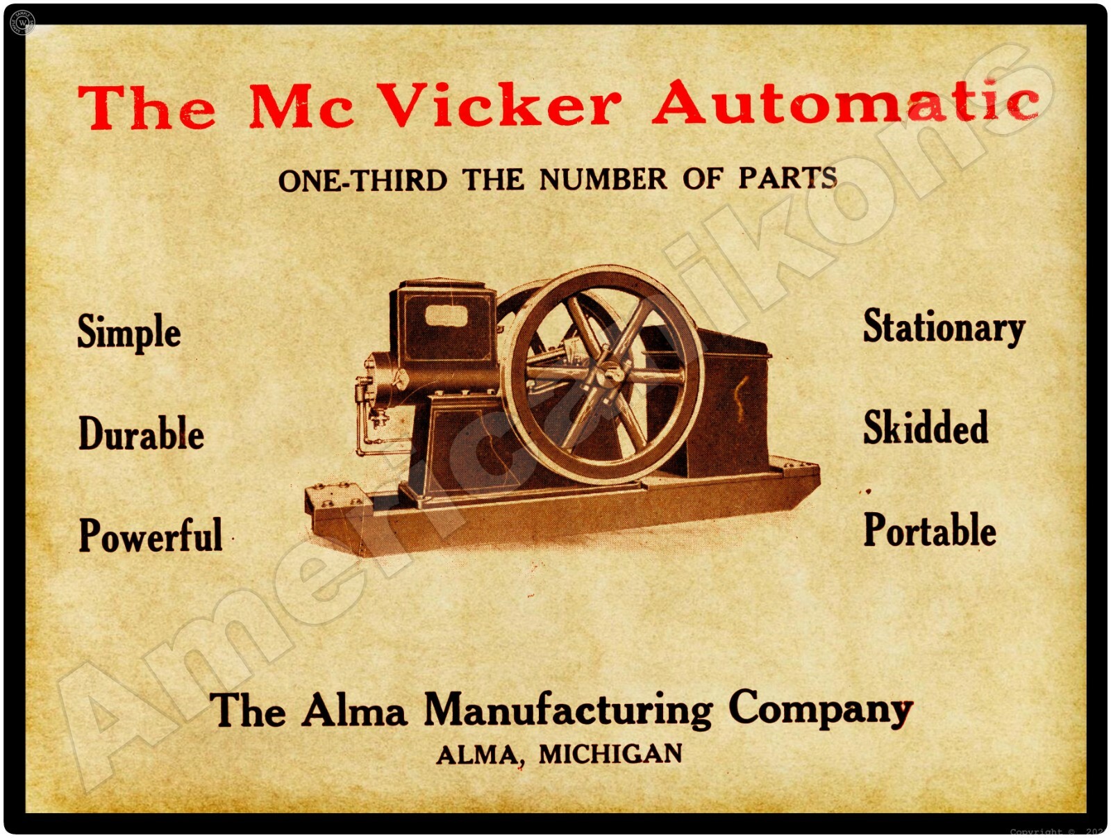 1910 Alma Mfg. Co. McVicker Gas Engines New Metal Sign: LARGE SIZE 12 x 16