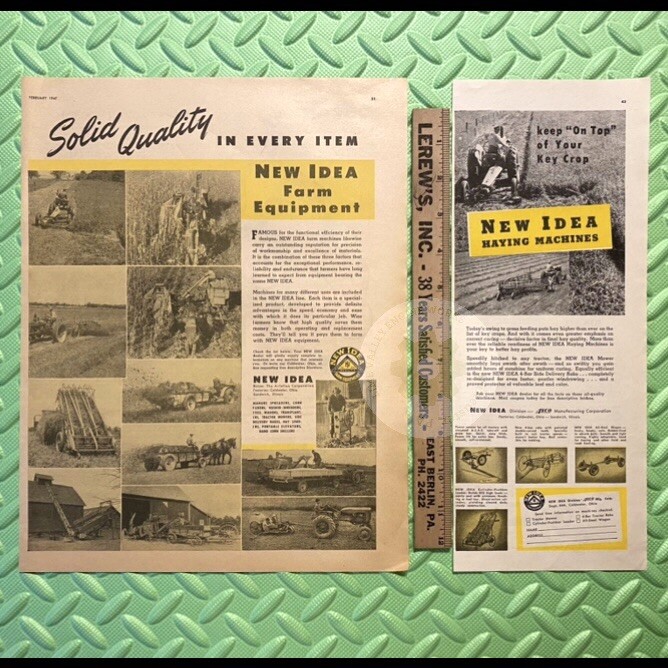 Original 1947 NEW IDEA Farm Equipment Print Ad Lot. 13.5 x 10.5 in. Tractors
