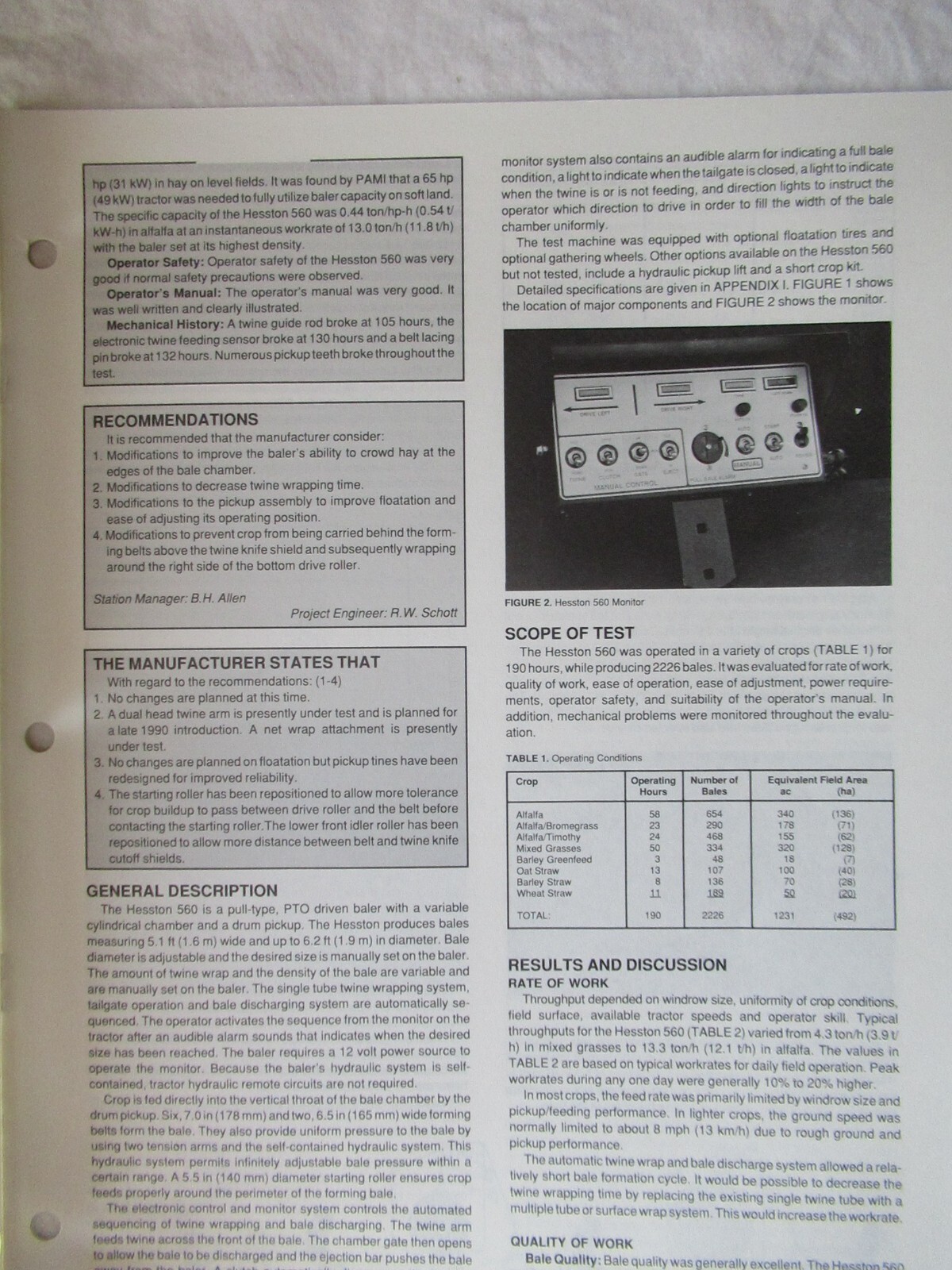1990 Hesston 560 Round Baler Evaluation Report Data Brochure