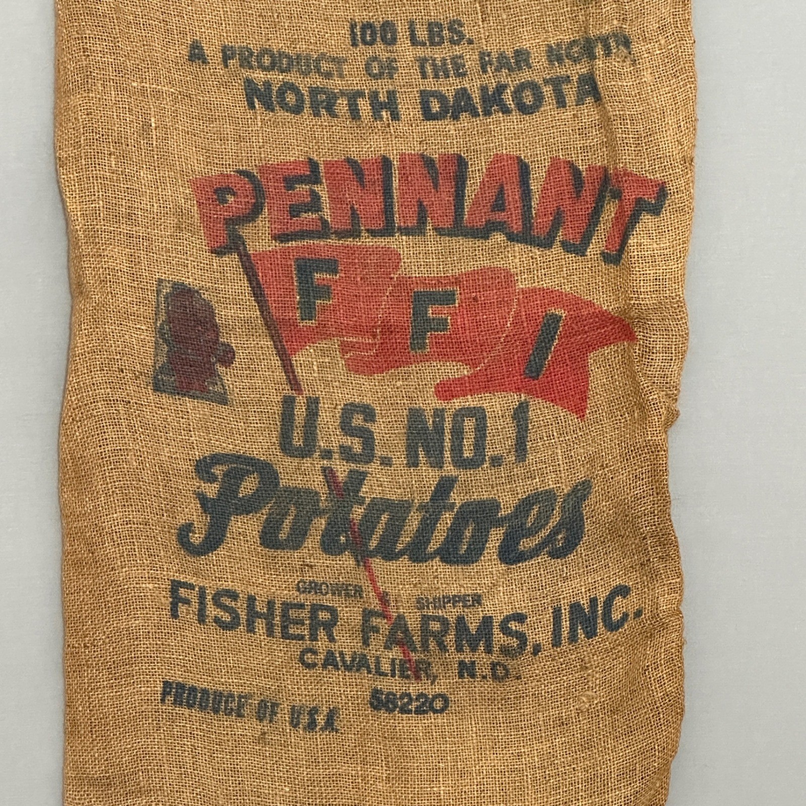 VTG Pennant FFI Potato Burlap Sack Fisher Farms ND 100 LB Farmhouse Rustic Decor
