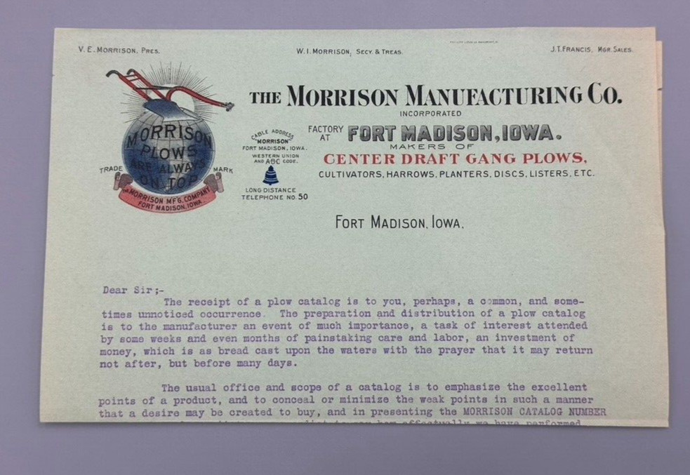 Antique MORRISON PLOWS World Globe FARM Advertising Letter FORT MADISON IOWA