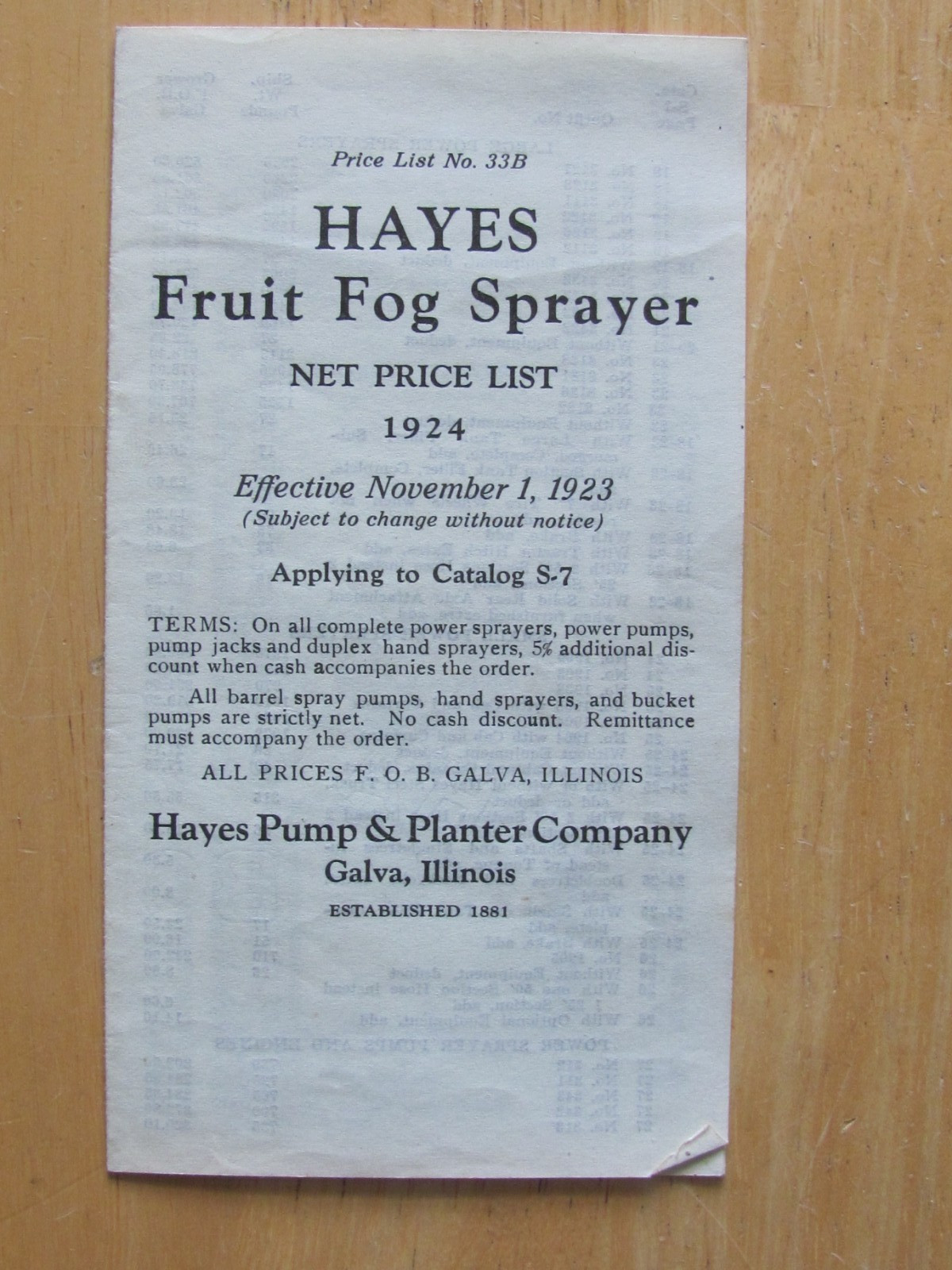 1924 PRICE LIST HAYES FRUIT FOG SPRAYER HAYES PUMP & PLANTER GALVA IL