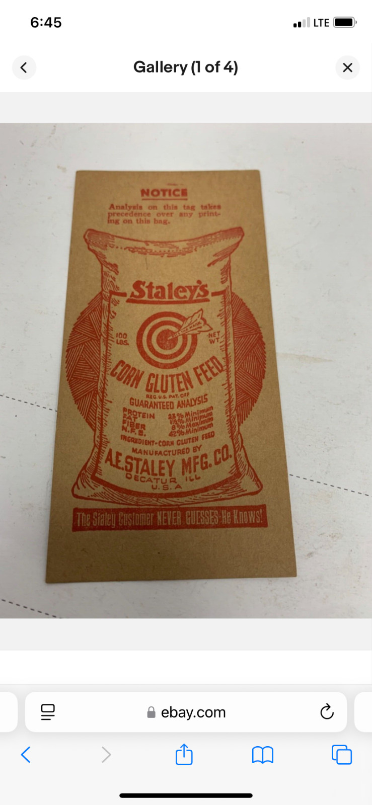 1920&rsquo;s Staley&rsquo;s Corn Gluten Feed 5&Prime;x2.5&Prime; tag