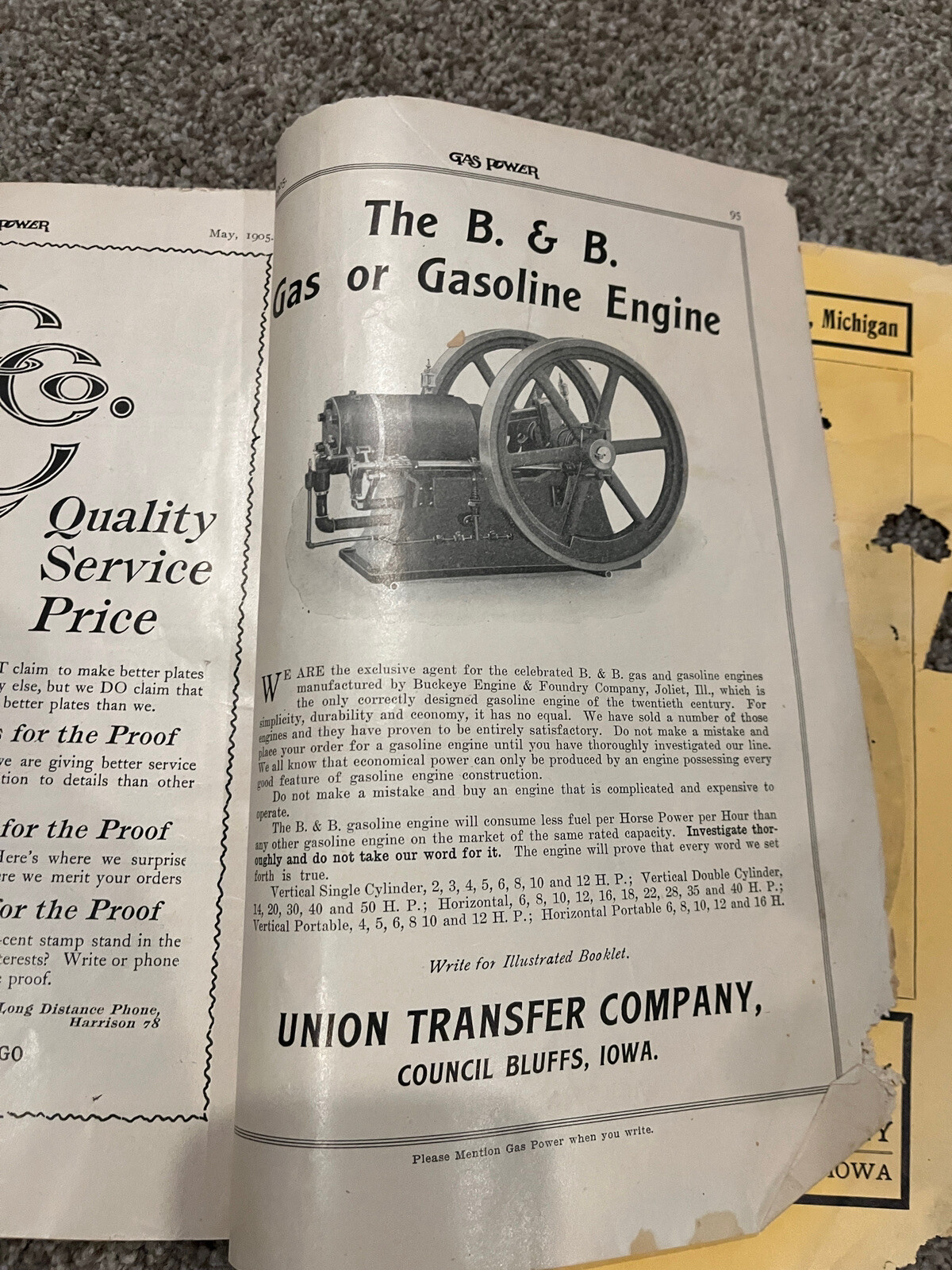 May 1905 GASPOWER Magazine Farm Advertising St Joseph, MI Hit & Miss Engines