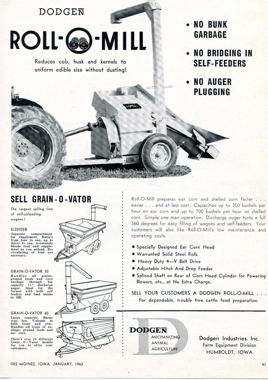 1963 Dealer Print Ad of Dodgen Roll-O-Mill Grain-O-Vator Blender 30 & 60