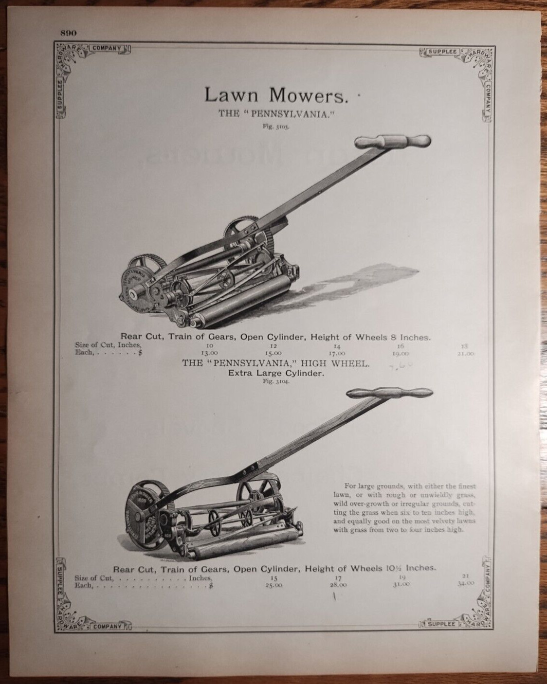 (4) 1893 Pennsylvania Reel Lawn Mowers Print Ads Catalog Pages Original AD-31