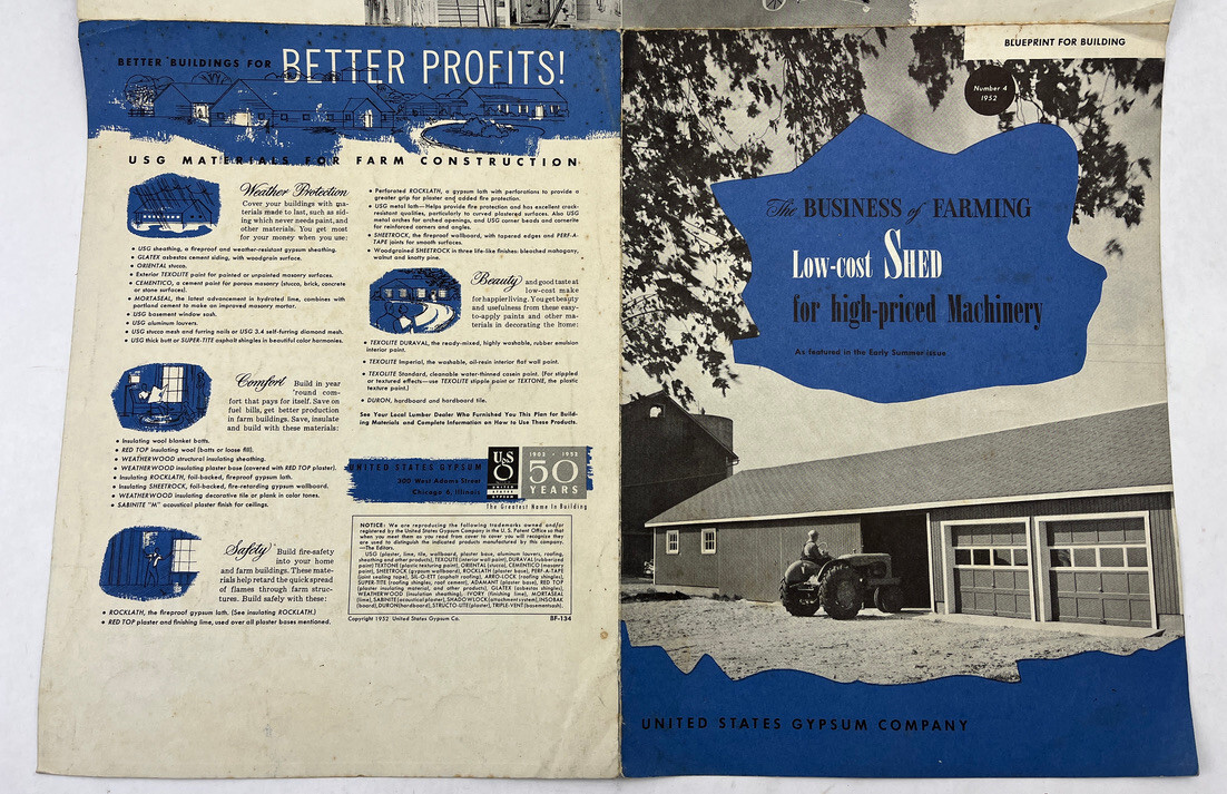 1952 Low Cost Shed for High Priced Machinery for Farms Blueprint U.S. Gypsum Co.