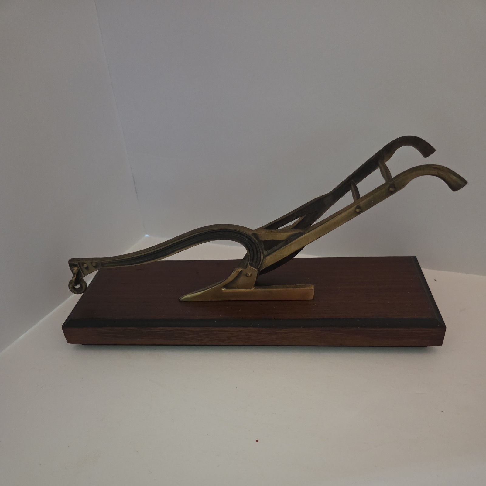 Vintage Brass Plow On Wooden Stand 10 Inches
