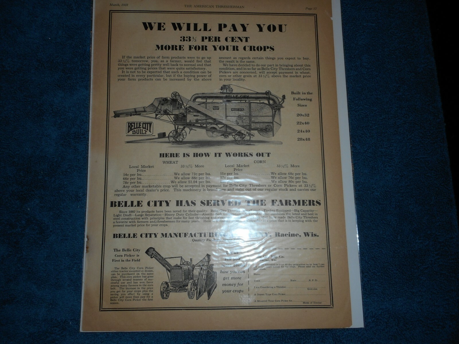 1931 Belle City Co. Advertisement: Corn Picker, Thresher Featured. Racine, WI