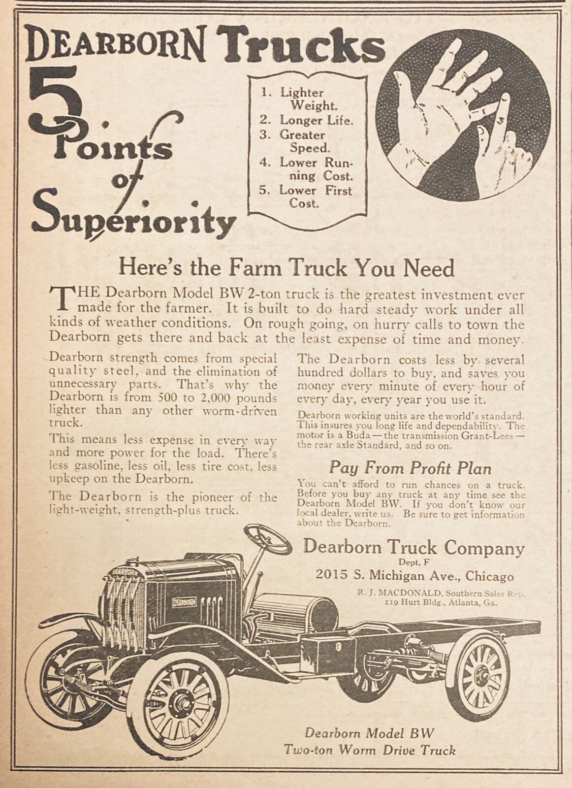 1919 AD(XH34)~DEARBORN TRUCK CO. CHICAGO. DEARBORN MODEL BW WORN DRIVE TRUCK