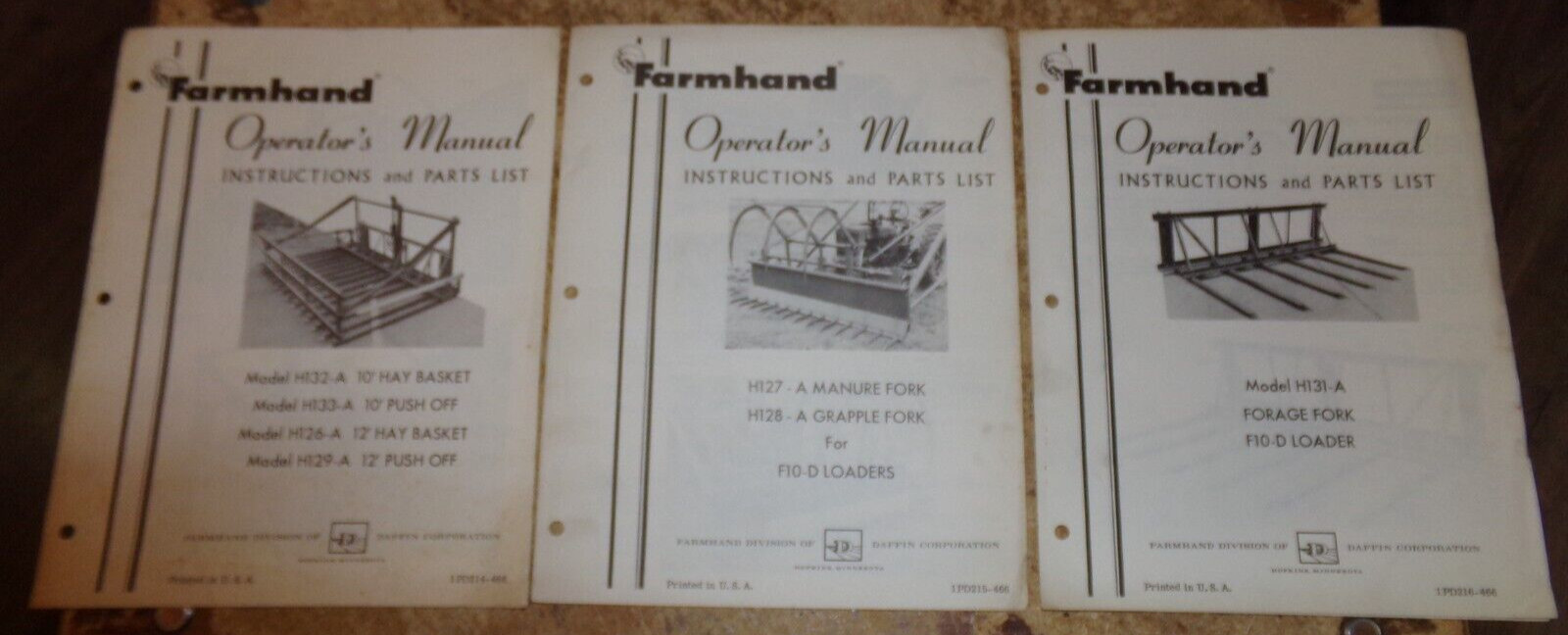 3-lot 1966 farmhand loader attachments operators manuals good used
