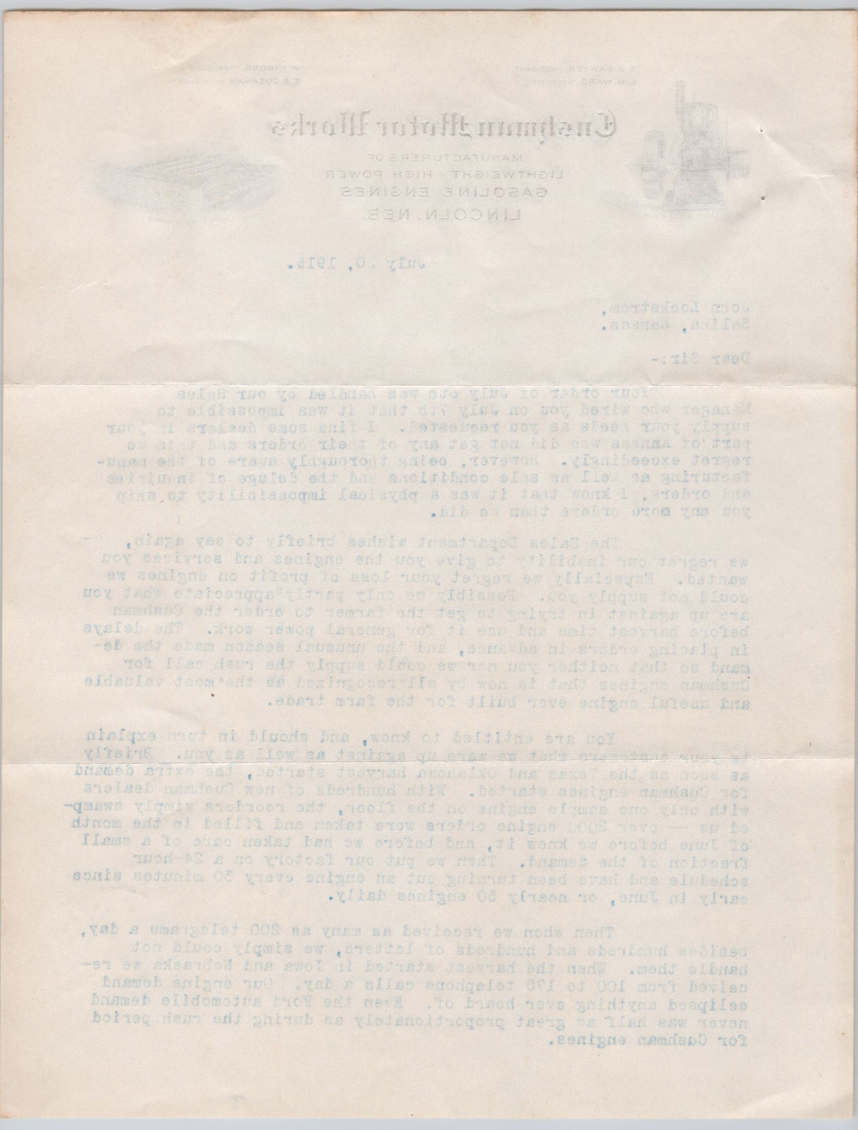 1915 Gasoline Engine Cushman Motor Works Lincoln NE Embossed Letterhead + BH2-26