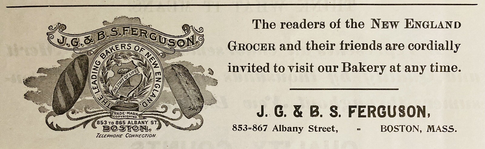 1899 AD.(XH63)~J.G. & B.S. FERGUSON CO. ALBANY ST. BOSTON. “LEADING BAKER OF NE”