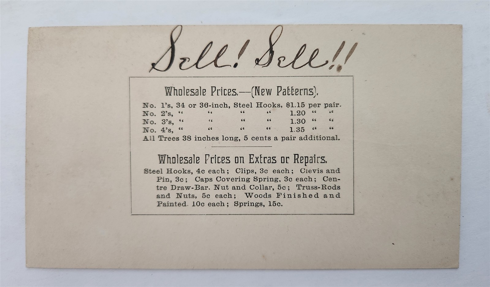 1888 antique F. R. WILSON columbus oh SPRING SINGLE TREE trade card HORSE EQUIP